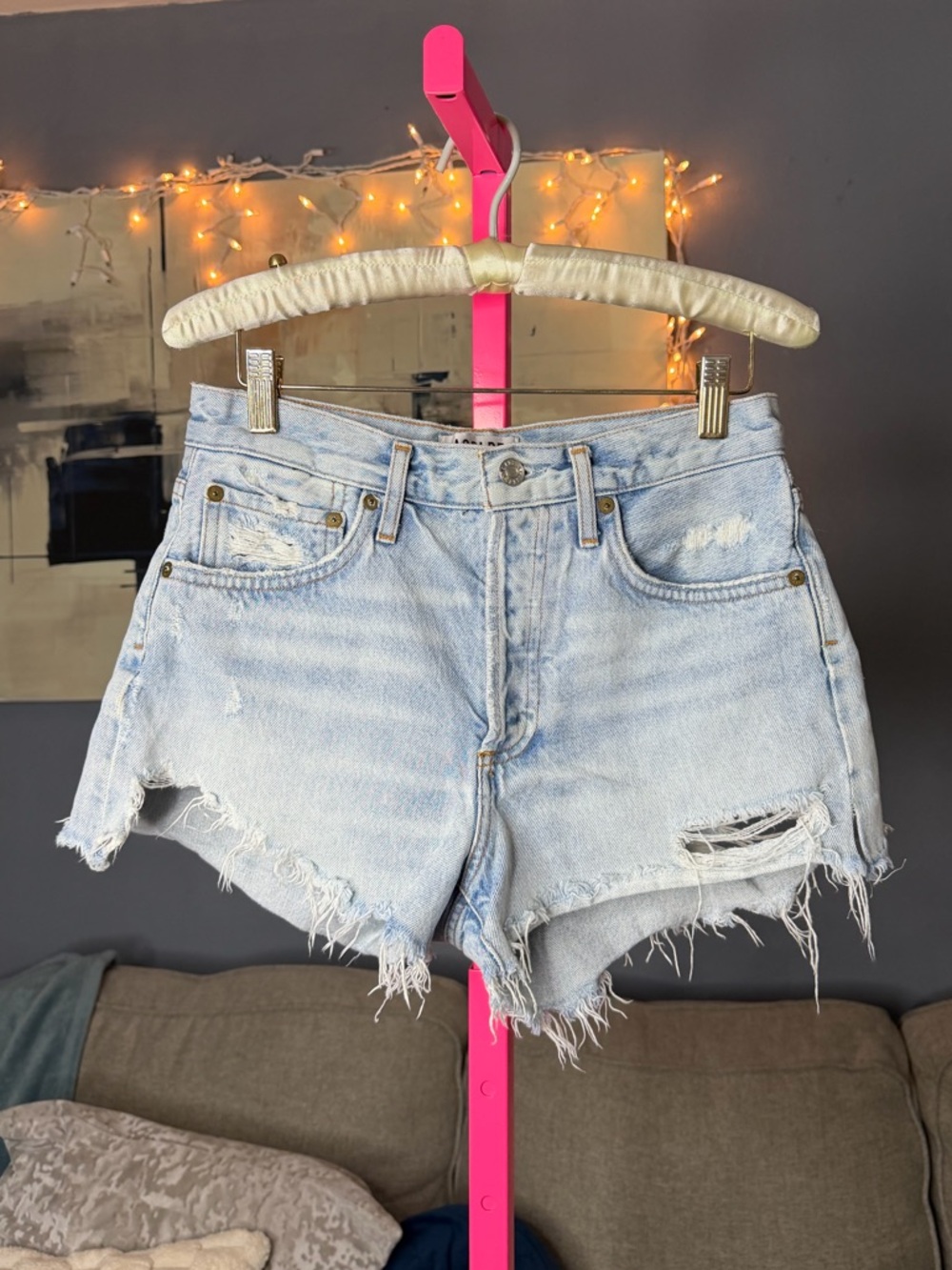 Agolde Light Wash Distressed Denim Jean Shorts